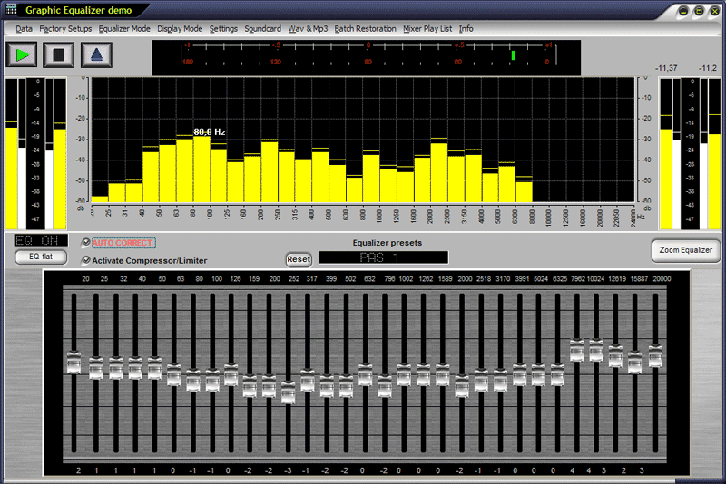 Graphic Equalizer works together with Winamp, iTunes in realtime, Batch Restoration Tool for your MP3 files, Correlations Meter , RMS Level Meter and Peak Level for the Input and Output , Mixer Play List (use it like Windows Media Player)